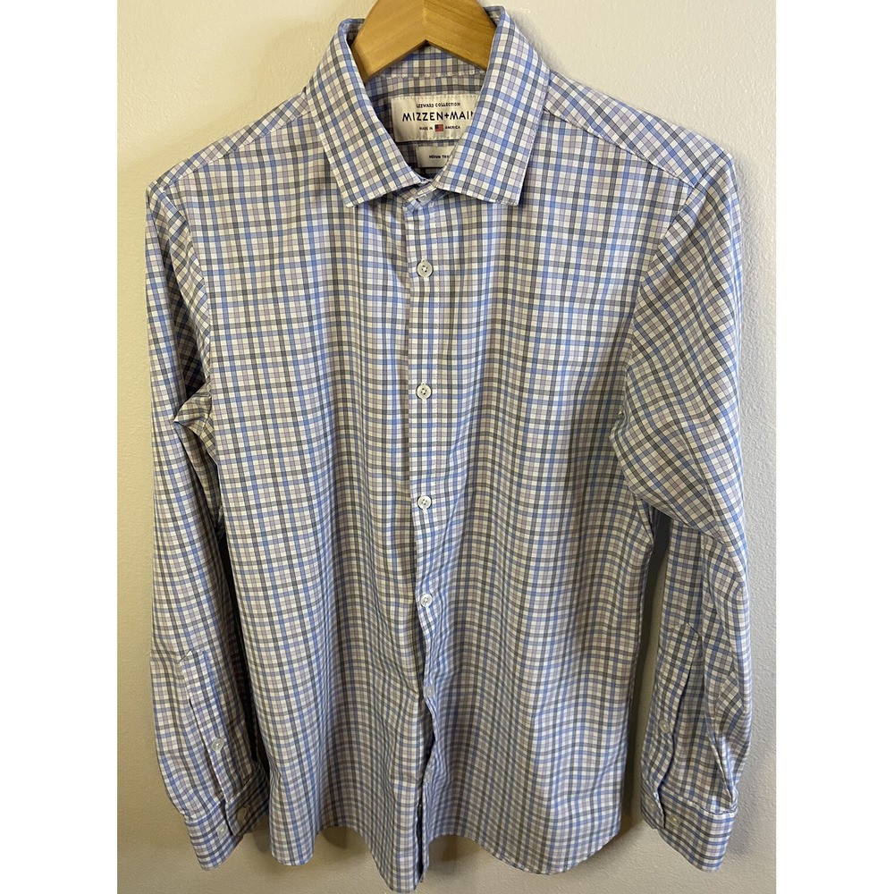 Mizzen Main‎ Leeward Mens Med Trim Fit Blue Black Pink Check Button Dress Shirt